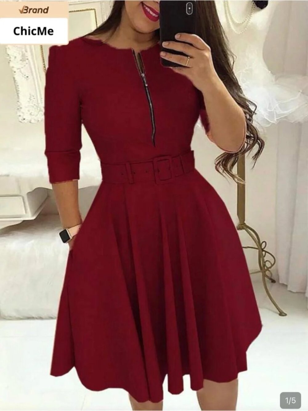 ChicMe Burgundy Belted Midi Dress with Front Zip Detail